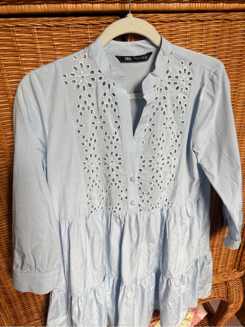 Zara Light Blue Eyelet Tiered Mini Dress - Picture 3 of 6